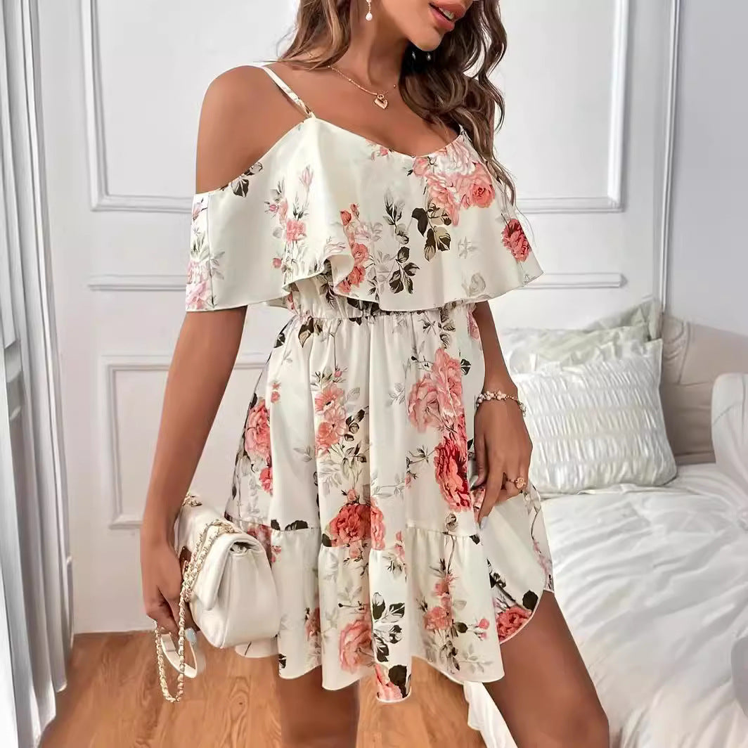 French Romantic Off-shoulder Waist Dress - CLOTHFN