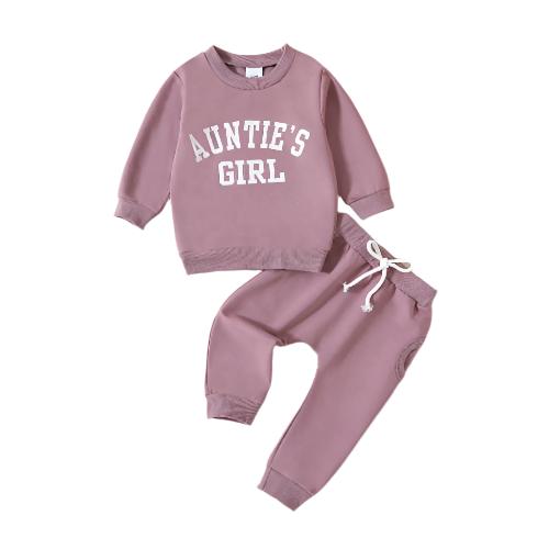 Girls' Printed Solid Color Hoodie Trousers Casual Two-piece Suit - CLOTHFN