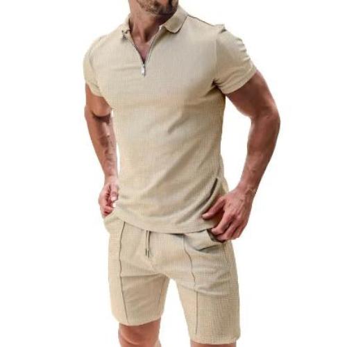 Men's Summer Casual Sportswear Set - Comfortable Waffle-Knit & Shorts - CLOTHFN