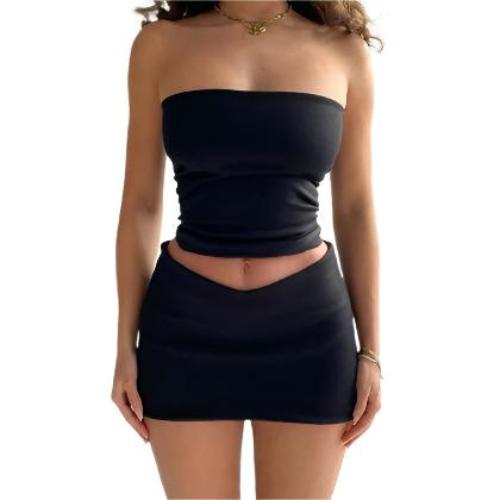 Midriff-baring Top Slim-fit Sheath Short Skirt Two-piece Set - CLOTHFN