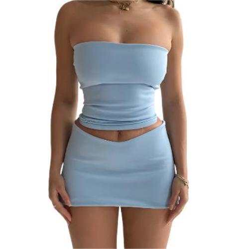 Midriff-baring Top Slim-fit Sheath Short Skirt Two-piece Set - CLOTHFN