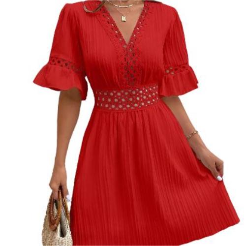 Patchwork Lace Fashion V-neck Tight Waist Solid Color Dress - CLOTHFN