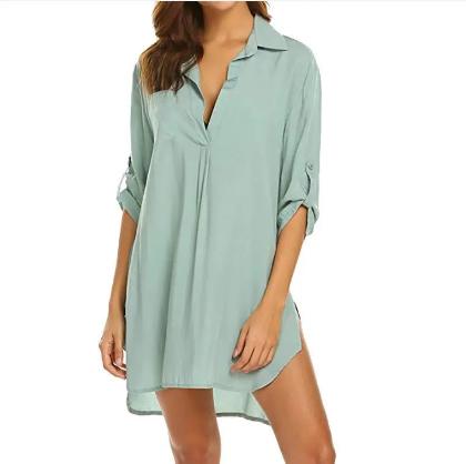 Women New Style Shirt Deep V Neckline Fashion Beach Anti Sprinkling Swimsuit Shirt - CLOTHFN