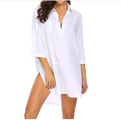 Women New Style Shirt Deep V Neckline Fashion Beach Anti Sprinkling Swimsuit Shirt - CLOTHFN