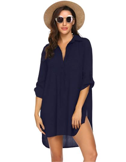 Women New Style Shirt Deep V Neckline Fashion Beach Anti Sprinkling Swimsuit Shirt - CLOTHFN