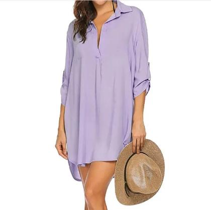 Women New Style Shirt Deep V Neckline Fashion Beach Anti Sprinkling Swimsuit Shirt - CLOTHFN