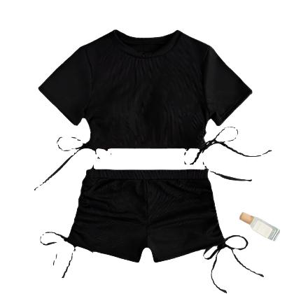 Women Short Sleeve Lace-up Split Swimsuit - CLOTHFN