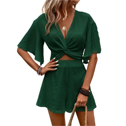 Women V-neck Ruffle Sleeve Short-sleeved Top - CLOTHFN