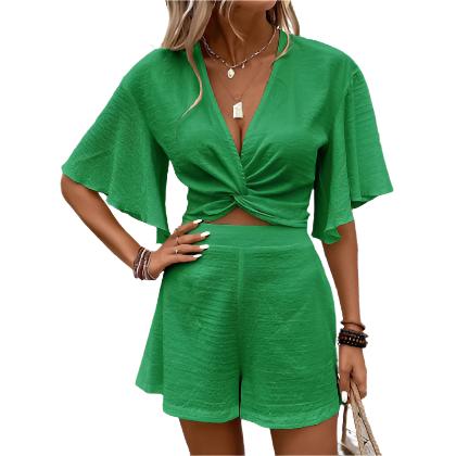 Women V-neck Ruffle Sleeve Short-sleeved Top - CLOTHFN