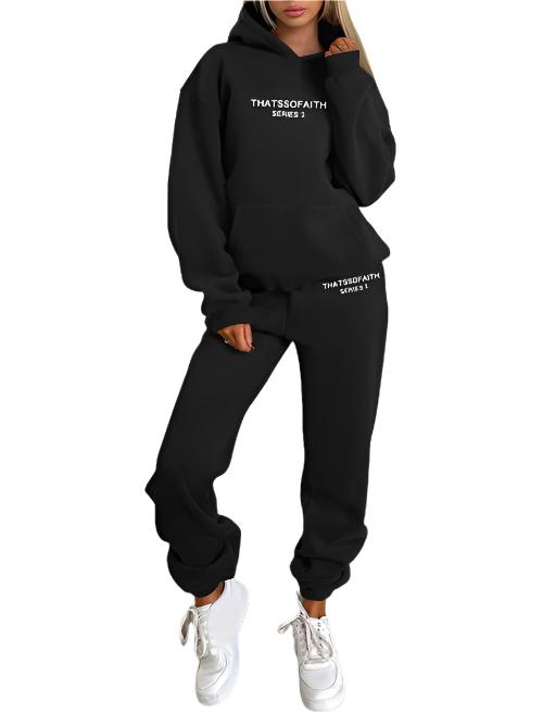 Women's Letter Printed Hoodie Trousers Suit - CLOTHFN