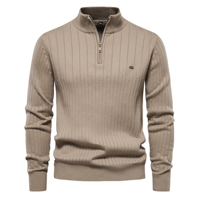 Stand Collar Men's Sweater Half Zipper Solid Color Sweater - CLOTHFN