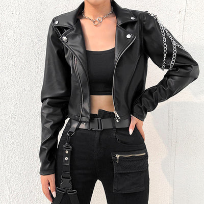 Leather Jacket With Arm Chain - CLOTHFN