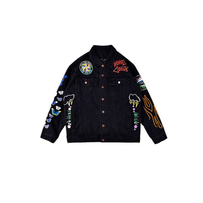 Denim Jacket With Embroidered Pattern - CLOTHFN